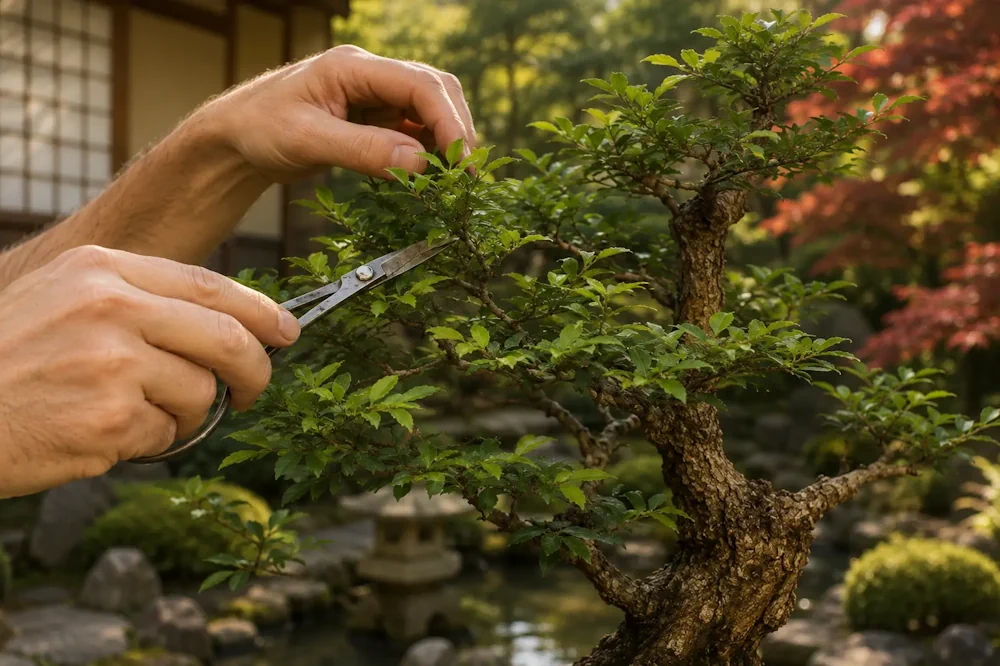 Close-up of two hands pruning bonsai foliage with scissors
