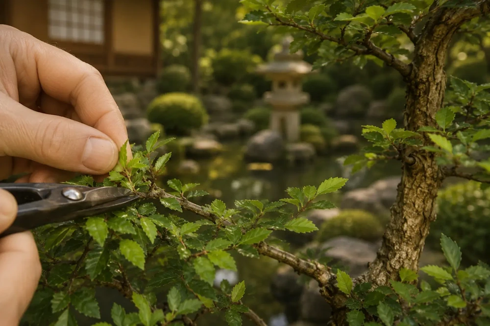 Extreme close-up of scissors making a single snip on a bonsai leaf