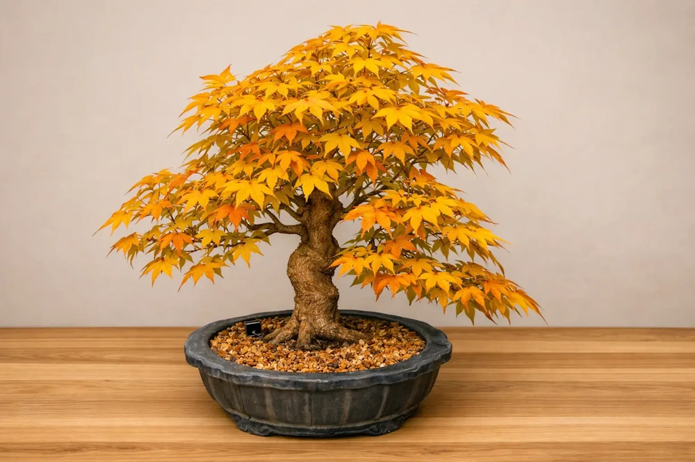 Bright orange foliar palete on a Japanese maple bonsai indoors on wooden surface