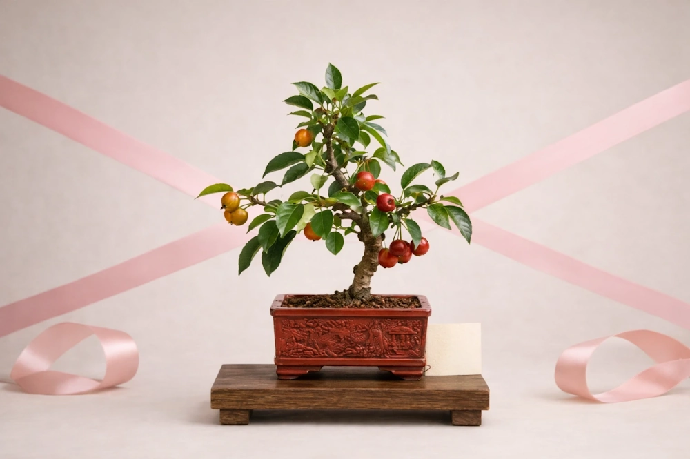 Bonsai in an indoor display, with rose pink gift ribbon crossed on the wall behind it
