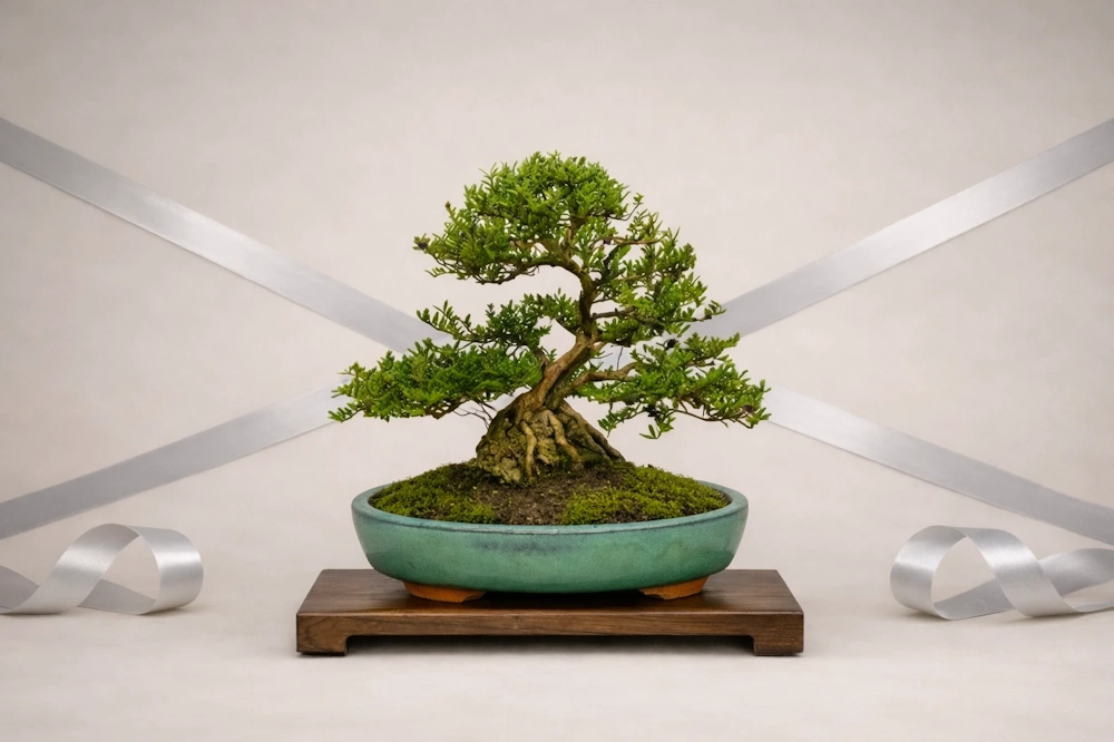 Bonsai in an indoor display, with silver gift ribbon crossed on the wall behind it