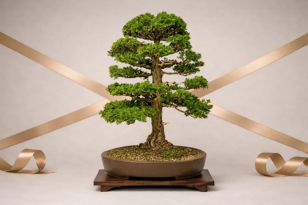 Upright juniper bonsai with several branches of foliage and golden ribbons behind it