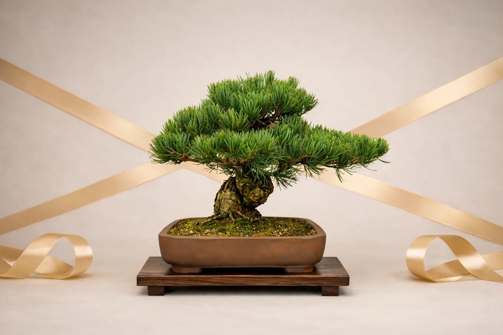 Bonsai in an indoor display, with gold gift ribbon crossed on the wall behind it