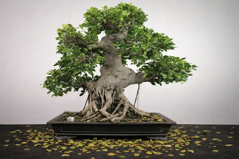 Buddhist pine bonsai with a thick trunk, foliage and substantial nebari, surrounded by fallen leaves