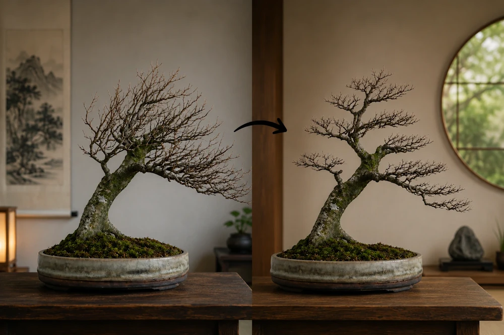 Side-by-side comparison of two leafless bonsai, the one on the left showing more ramification than the one on the right