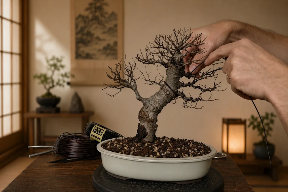 Indoor bonsai on a table receiving wiring, with tools visible behind the pot