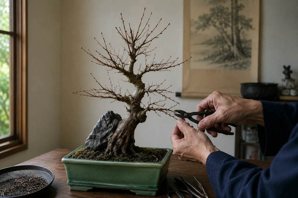 Indoor bonsai receiving minor pruning work on a bare canopy