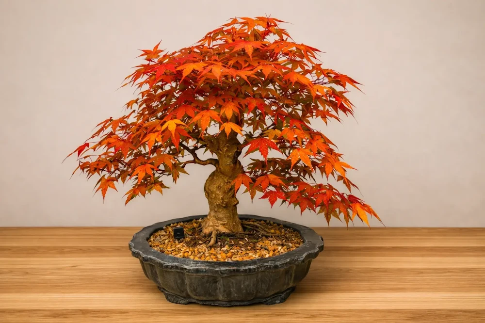 Japanese maple bonsai indoors on wood, with a dense dark orange foliage canopy in front of a warm pink background