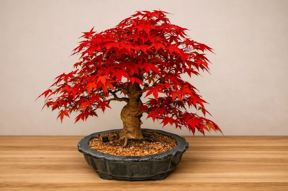 Japanese maple bonsai indoors on wood, with a stark red foliage canopy in front of a warm pink background