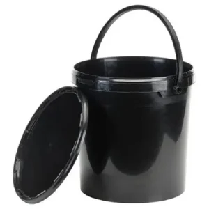A black plastic bucket with a rounded handle and lid on white background