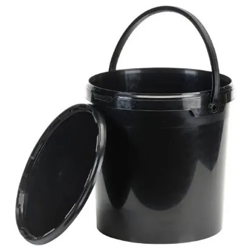 A black plastic bucket with a rounded handle and lid on white background