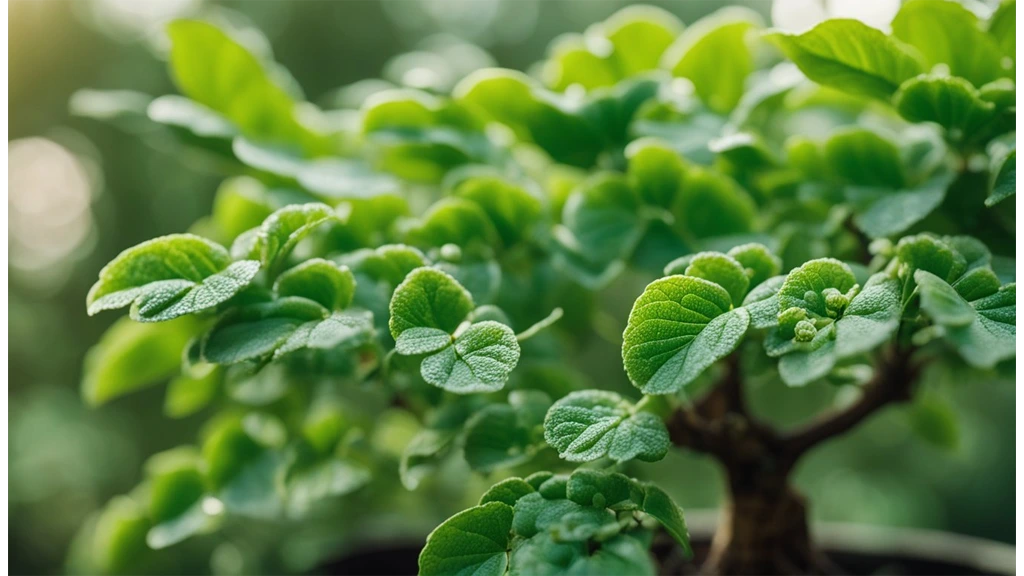 Close-up of rich green bonsai foliage with insects on the leaf surface