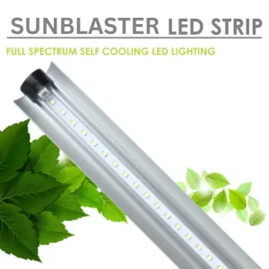 Sunblaster LED strip light diagonally across the image corner, with illustrated leaves below and product name above