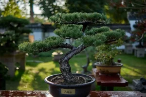 Short-needle pine bonsai with droplets visible on foliage after watering, background is a sunny garden